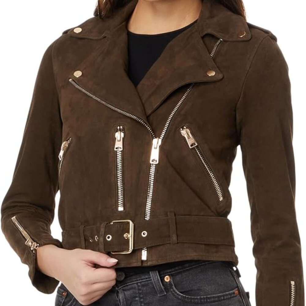 New! ALL SAINTS Suede Balfern Biker Jacket Tarmac Green